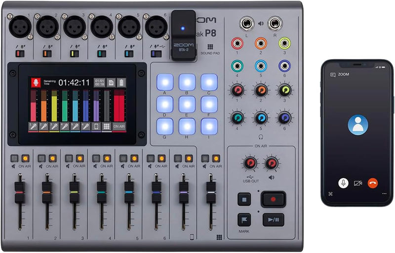 Zoom PodTrak P8 Podcast Recorder, 6 Microphone Inputs, 6 Headphone Outputs, Phone Input, Sound Pads, Onboard Editing, Record to SD card, USB Audio Interface, Battery Powered