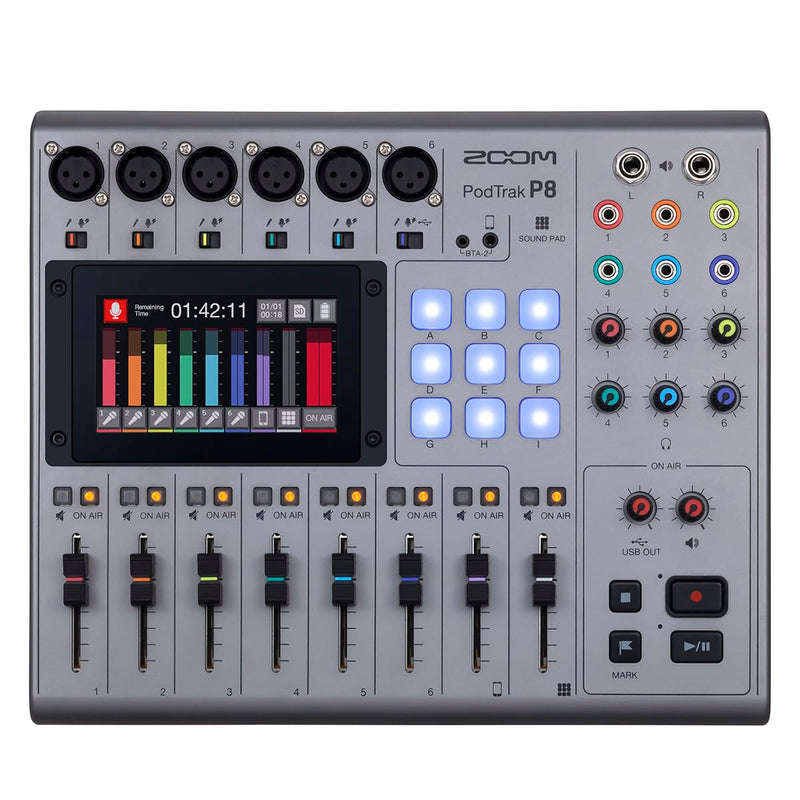 Zoom PodTrak P8 Podcast Recorder, 6 Microphone Inputs, 6 Headphone Outputs, Phone Input, Sound Pads, Onboard Editing, Record to SD card, USB Audio Interface, Battery Powered