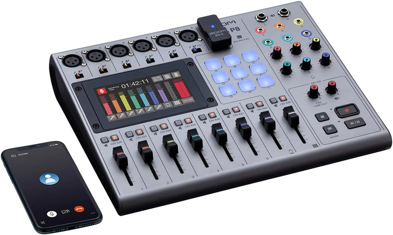 Zoom PodTrak P8 Podcast Recorder, 6 Microphone Inputs, 6 Headphone Outputs, Phone Input, Sound Pads, Onboard Editing, Record to SD card, USB Audio Interface, Battery Powered