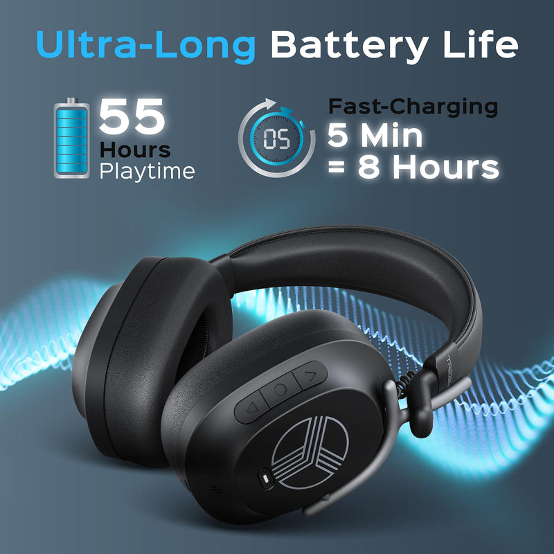 TREBLAB U5 - Hybrid Active Noise Cancelling Headphones Over-Ear, Deep Bass, 55H Battery, Mic for Calls, Bluetooth 5.3, Water-Resistant IPX4, Wireless Headphones Foldable for Travel, Gym, Work, Sports