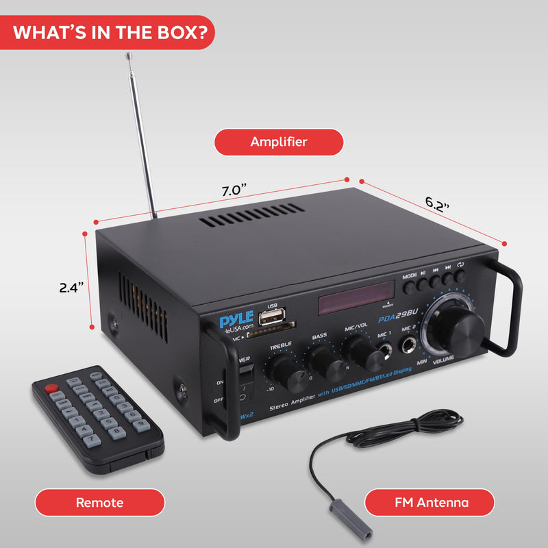 Pyle 200W Stereo Power Amplifier with Bluetooth - Dual Channel Audio Receiver - LED Display - RCA - USB - SD - MIC IN - FM Radio - AUX Input - Perfect for Home & Computer Audio - PDA29BU.5