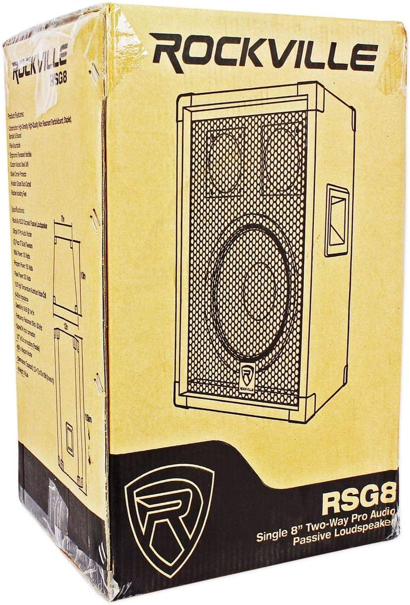 Rockville RSG8 300W 2-Way 8-Ohm Passive DJ/Pro PA Speaker, Pole Mountable, 8" Woofer + Dual 3" Tweeters, SpeakON & 1/4" Inputs, for Events and Performances