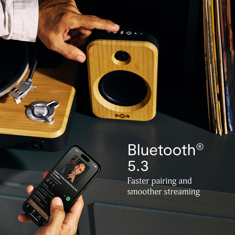 House of Marley Get Together Duo 2 Bluetooth Bookshelf Speakers, Hybrid Wired + Wireless Design, 25Hr Playtime, Upgraded Marley Signature Sound, RCA & AUX Inputs, Bamboo & Rewind Fabric