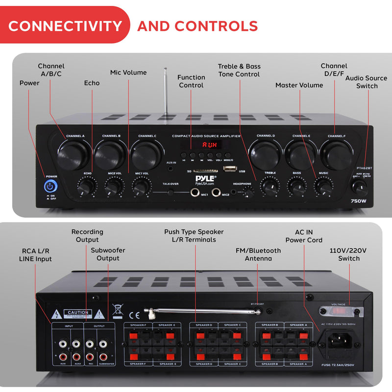 Pyle Wireless Bluetooth Home Audio Amplifier System-Upgraded 6 Channel 750 Watt Sound Power Stereo Receiver w/USB, Micro SD, Headphone,2 Microphone Input w/Echo, Talkover for PA - PTA62BT.5