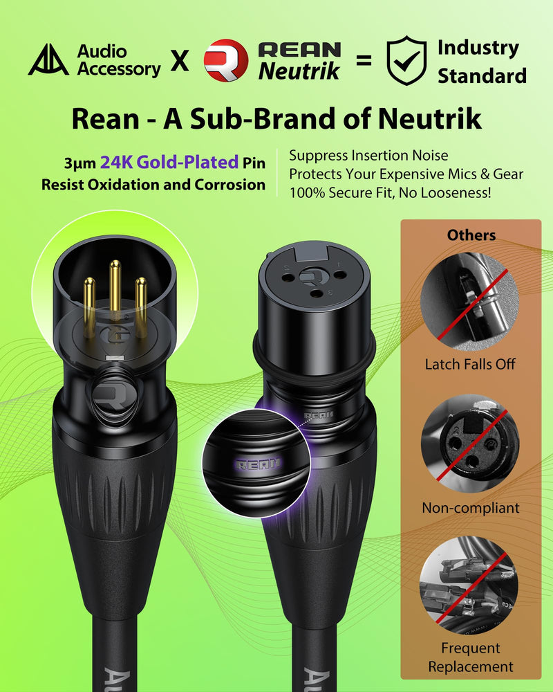 AA AUDIO ACCESSORY XLR Cables 10ft 2 Pack, Neutrik REAN Gold-Pin Connectors, 21AWG OFC, Kevlar-Reinforced Nylon Braided, AL & OFC Dual Shielded Male to Female Balanced XLR Microphone Cable for Shure