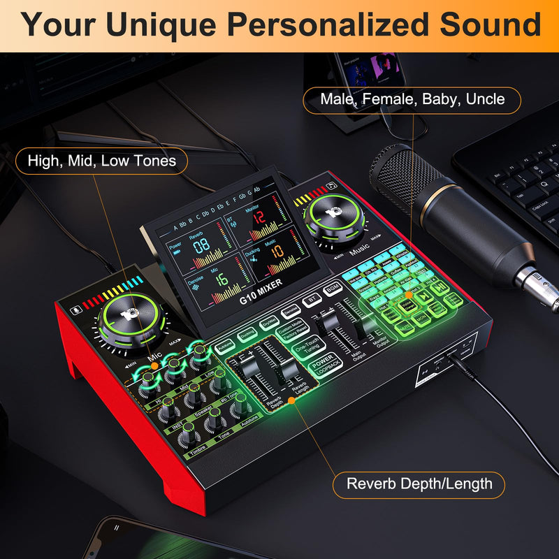 Podcast Microphone Bundle with Live Sound Card Audio Mixer, Podcast Equipment Bundle with 3.5mm BM800 Microphone for Pc/Youtube Live Streaming Singing Gaming, Sound Board with Voice Changer, Denoise